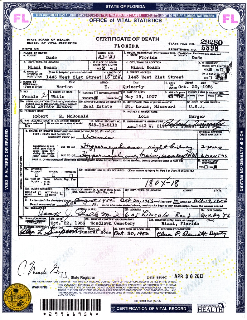 Marion McDonald's death certificate