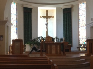 I took a seat in a pew.  Chris  stretched out at the altar to soak in the spirit of peace